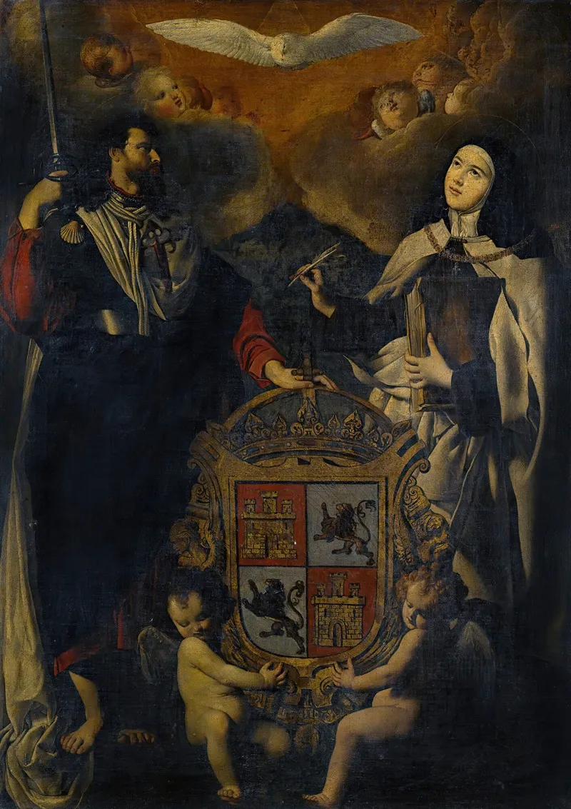 Saint James The Greater With Saint Teresa Of Avila The Coat Of Arms Of Castile And Leon Between Them Wall Art by School Of Madrid - High-Resolution Digital Print