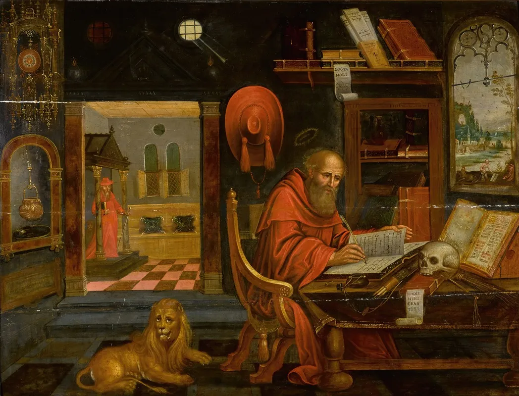 Saint Jerome In His Study With The Lion Wall Art by Antwerp School - High-Resolution Digital Print