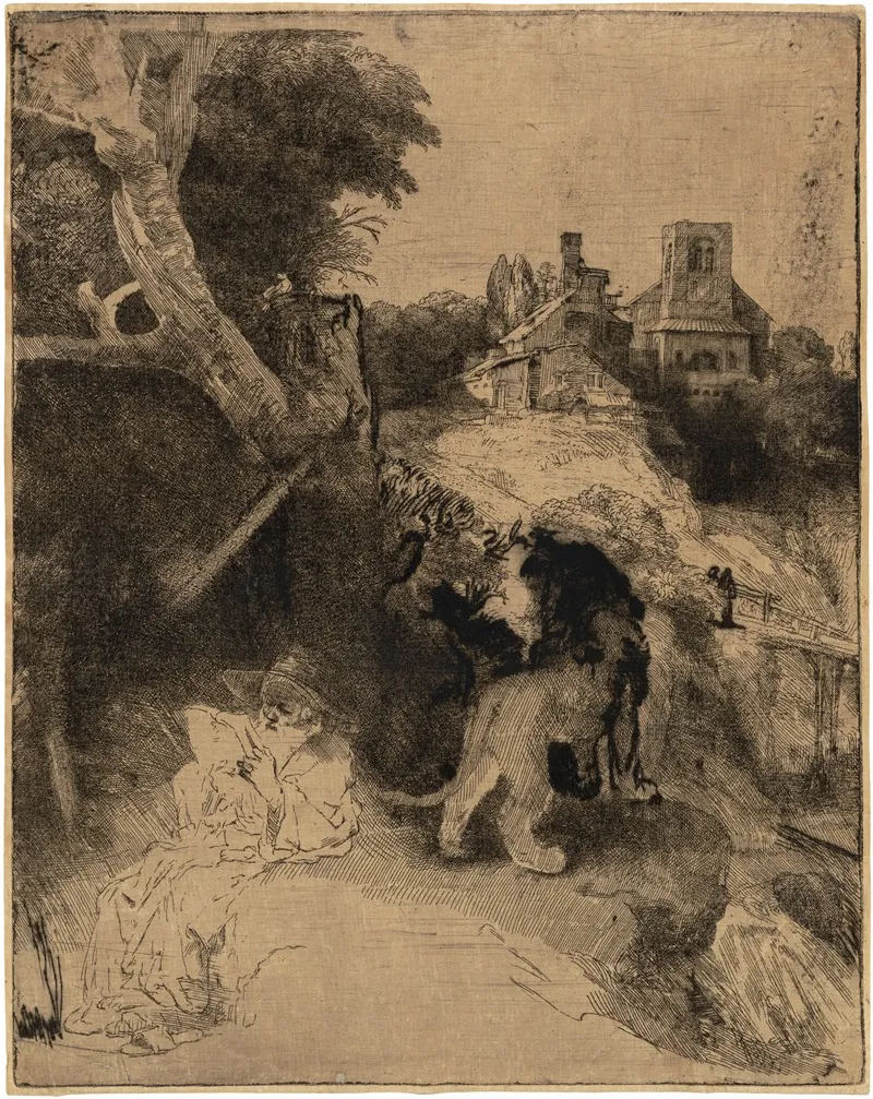 Saint Jerome Reading In An Italian Landscape Wall Art by Rembrandt van Rijn - High-Resolution Digital Print