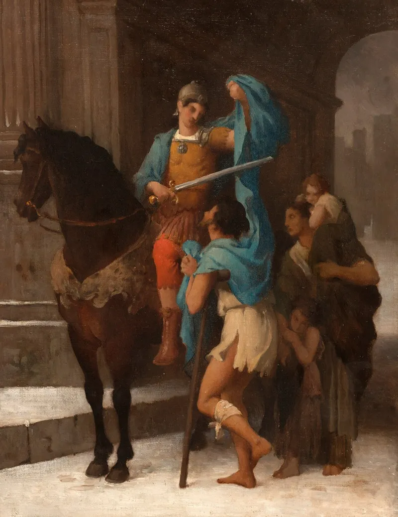 Saint Martin Partageant Son Manteau Avec Un Mendiant Wall Art by Ernest-Barthélémy Michel - High-Resolution Digital Print