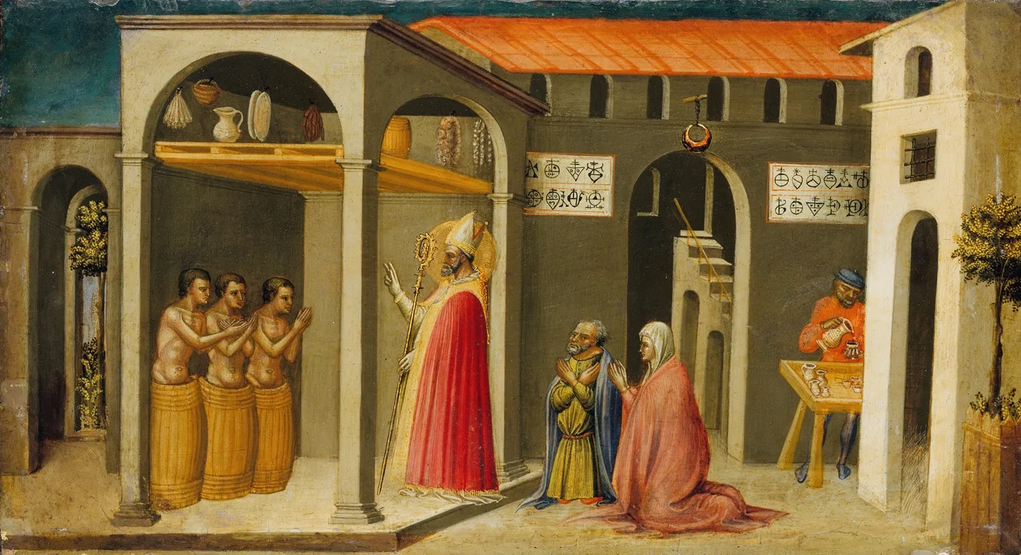 Saint Nicholas Resuscitating Three Youths Wall Art by Bicci Di Lorenzo - High-Resolution Digital Print
