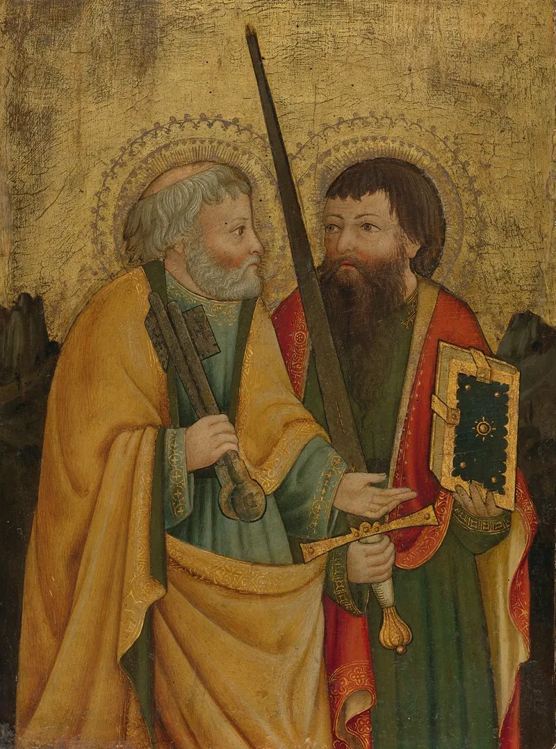 Saint Peter And Another Male Saint In A Rocky Landscape Wall Art by Master of 1458 - High-Resolution Digital Print
