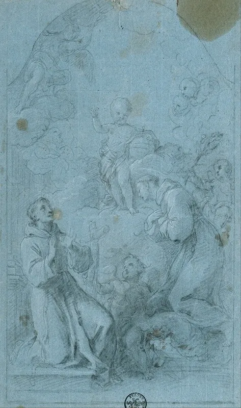Saint Peter Of Alcantara And Saint Anthony Of Padua Worship The Christ Child Wall Art by Giovanni Agostino Ratti - High-Resolution Digital Print