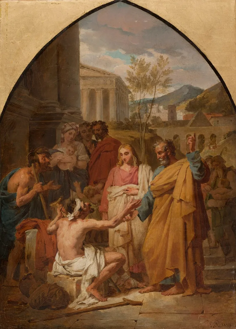 Saint Pierre Guerissant Un Boiteux A La Porte Du Temple De Jerusalem Wall Art by Louis-Vincent-Léon Pallière - High-Resolution Digital Print