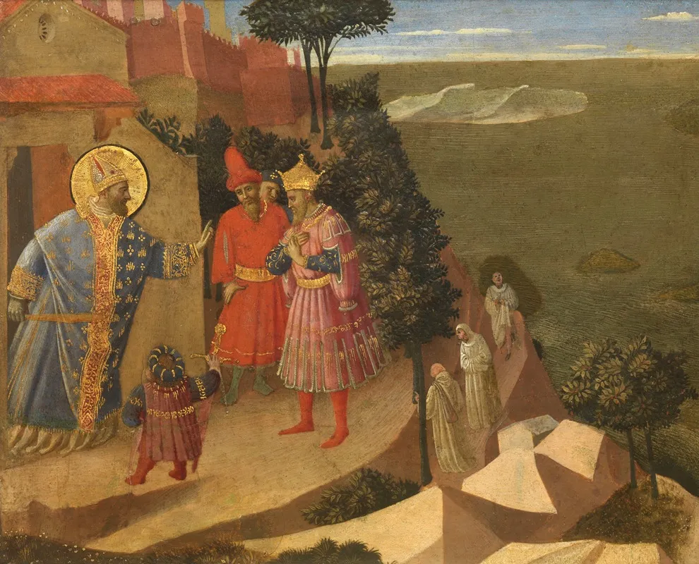 Saint Romuald Refuses Emperor Otto Iii Admission To The Church Wall Art by Fra Angelico - High-Resolution Digital Print