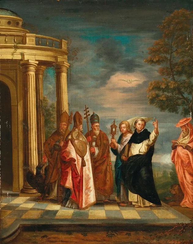 Saint Thomas Aquinas With Saints Ambrose Augustine Pope Gregory The Great And Jerome Contemplating The Blessed Sacrament Wall Art by Erasmus De Bie - High-Resolution Digital Print