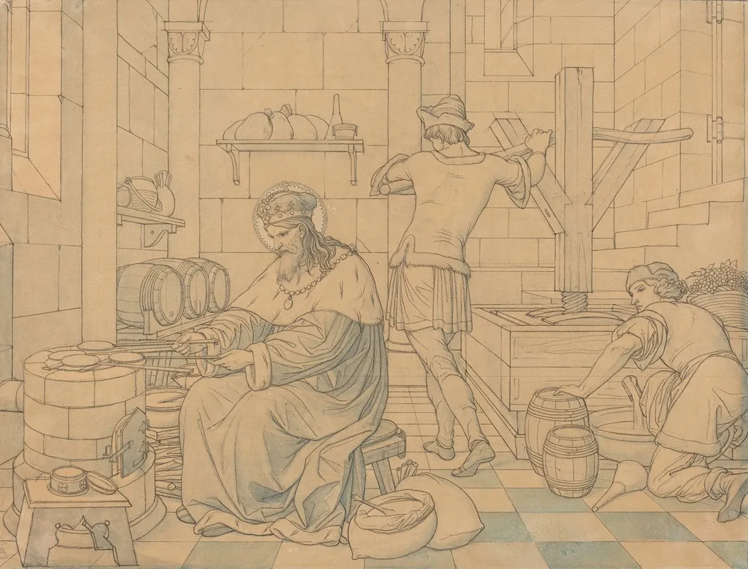 Saint Wenzel Cooking Hosts As Two Youths Press Wine Wall Art by Eduard von Steinle - High-Resolution Digital Print