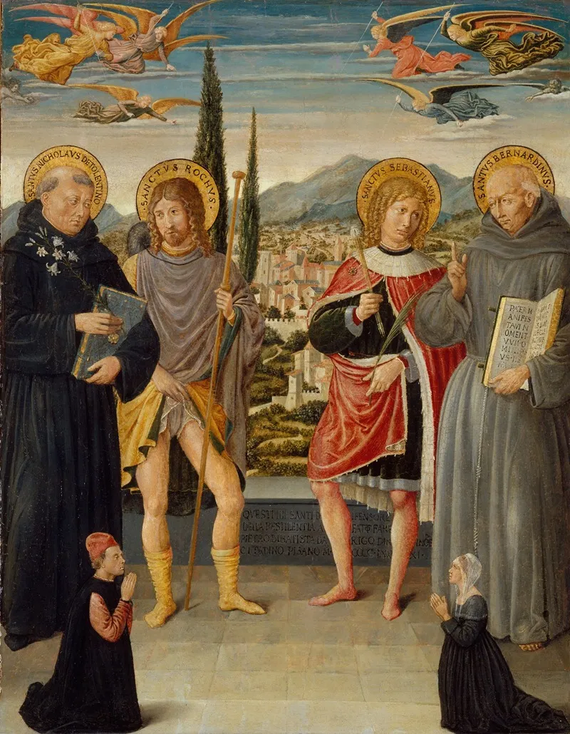 Saints Nicholas Of Tolentino Roch Sebastian And Bernardino Of Siena With Kneeling Donors
