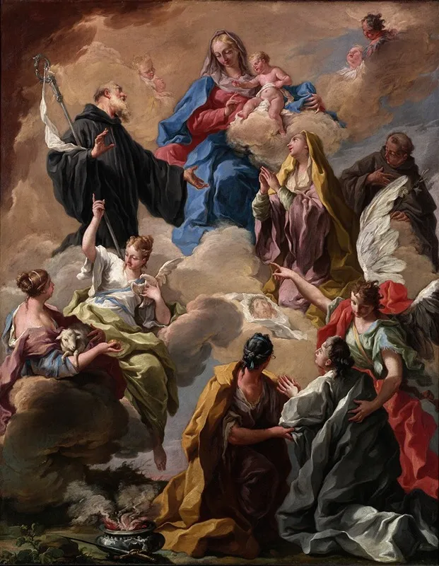 Saints Presenting A Devout Woman To The Virgin And Child Wall Art by Giovanni Battista Pittoni - High-Resolution Digital Print