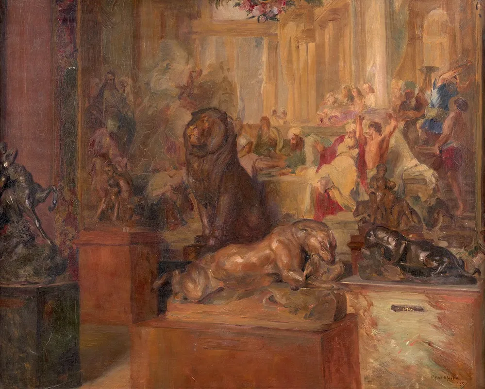 Salle De Musee Avec Les Sculptures De Barye Devant Une Tapisserie Wall Art by Alfred-Nicolas Martin - High-Resolution Digital Print