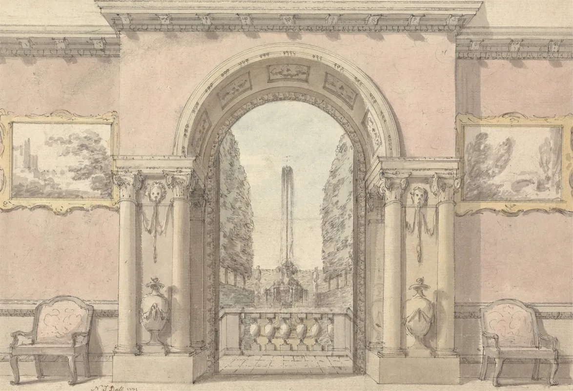 Saloon With An Arch To A Garden And Fountain Wall Art by Nicholas Thomas Dall - High-Resolution Digital Print