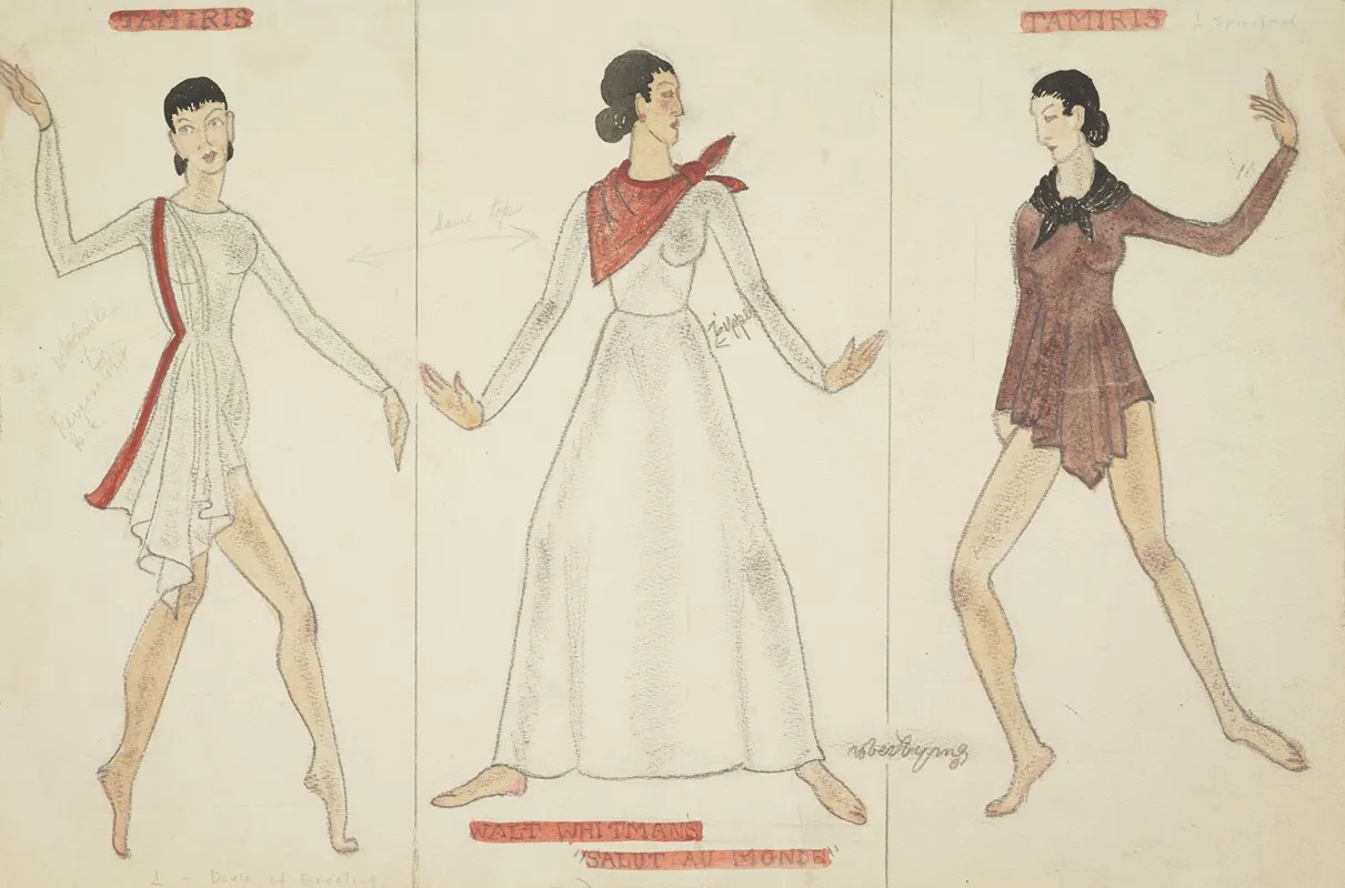 Salut Au Monde White Unitard With Red Drape White Gown With Red Kerchief Brown Unitard With Black Kerchief Wall Art by Robert Byrne - High-Resolution Digital Print