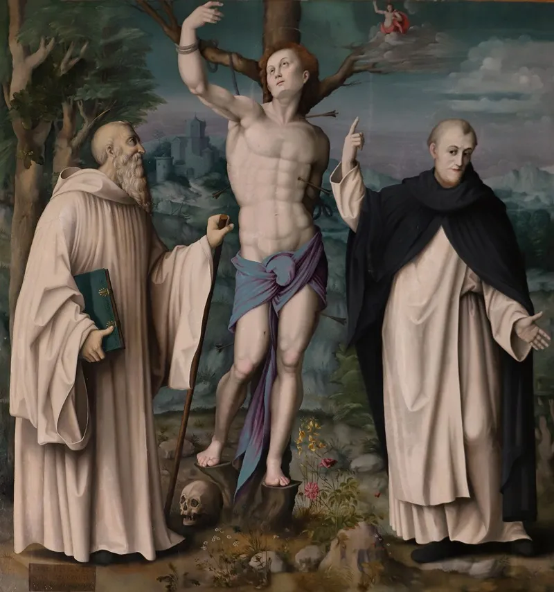 San Sebastiano Tra I Ss Romualdo E Vincenzo Ferrer Wall Art by Bacchiacca - High-Resolution Digital Print