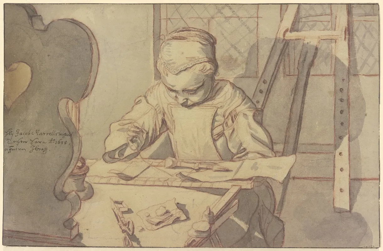 Sara Marrel Seated At A Table And Engaged In Embroidery Wall Art by Johann Andreas Graff - High-Resolution Digital Print