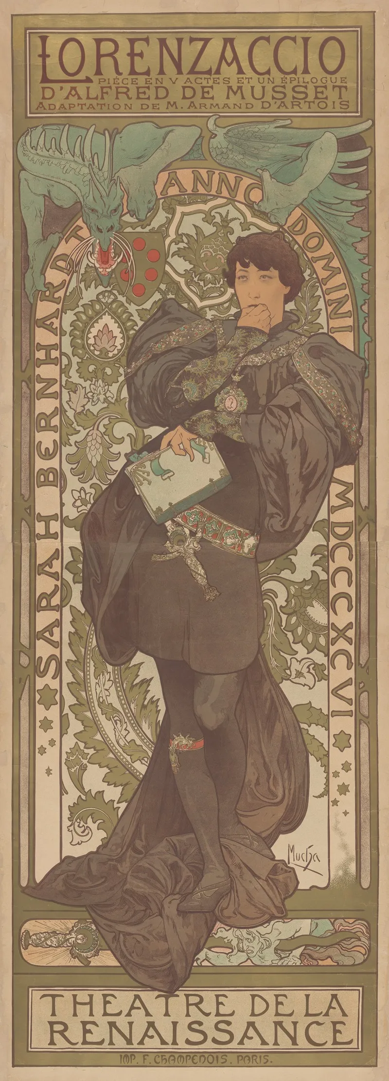 Sarah Bernhardt In Lorenzaccio Theatre De La Renaissance Wall Art by Alphonse Mucha - High-Resolution Digital Print