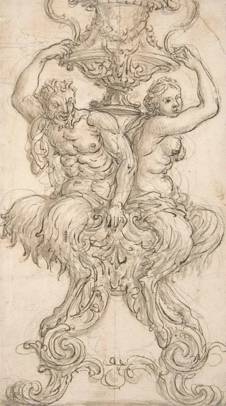 Satyr And Satyress Seated On A Pedestal Supporting A Vase