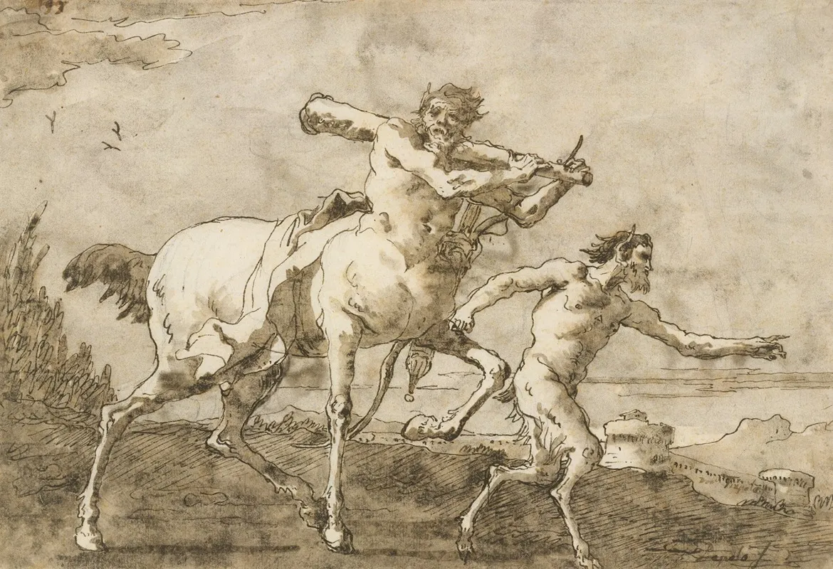Satyr Leading A Centaur Who Carries A Club Bow And Quiver Outside The Walls Of A City Wall Art by Giovanni Domenico Tiepolo - High-Resolution Digital Print