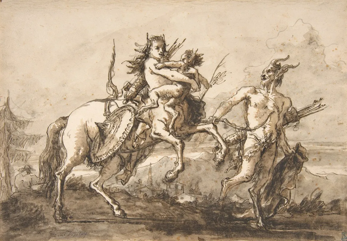 Satyr Leading A Centauress Who Holds A Satyr Child Wall Art by Giovanni Domenico Tiepolo - High-Resolution Digital Print