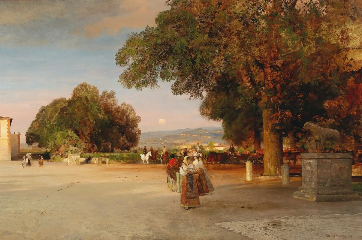 Scene At Dusk On The Terrace Of Villa Grazioli In Grottaferrata Wall Art by Oswald Achenbach - High-Resolution Digital Print