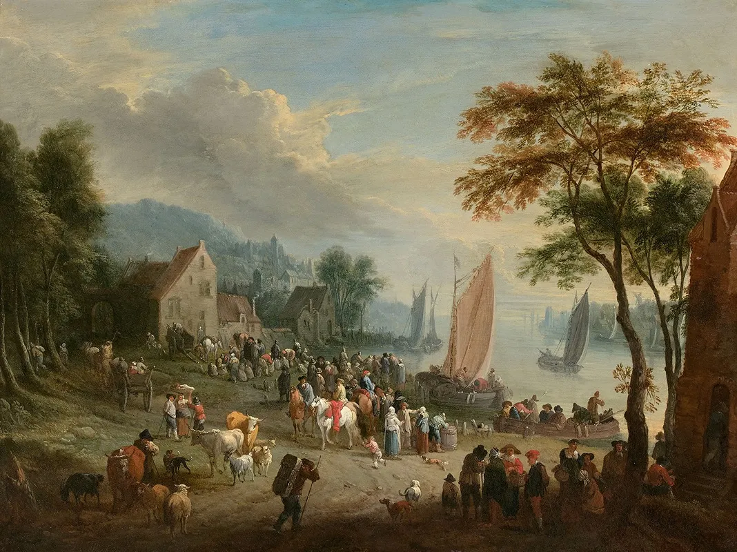 Scene De Village Anime Au Bord Dun Fleuve Wall Art by Theobald Michau - High-Resolution Digital Print