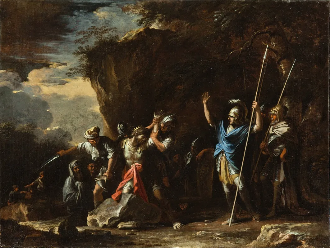 Scene From Greek History The Deaf Mute Son Of King Croesus Prevents The Persians From Killing His Father Wall Art by Salvator Rosa - High-Resolution Digital Print