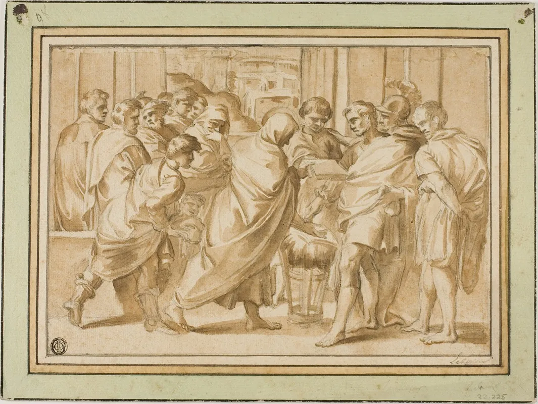 Scene From Roman History With Draped Figure Presenting Book To Ruler Wall Art by After Eustache Le Sueur - High-Resolution Digital Print