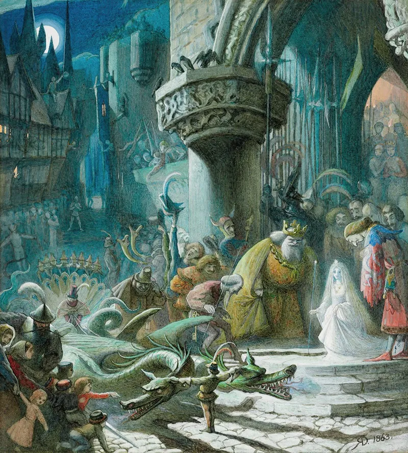 Scene From The Sleeping Beauty The Good Fairy Leaving The Christening Of The Princess Walking To Her Dragon Pulled Carriage Wall Art by Richard Doyle - High-Resolution Digital Print