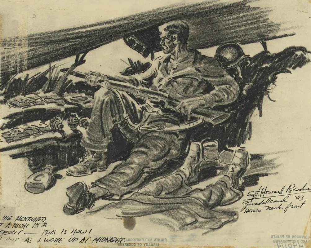 Scene In A Guadalcanal Foxhole Near The Front At Midnight Wall Art by Howard Brodie - High-Resolution Digital Print