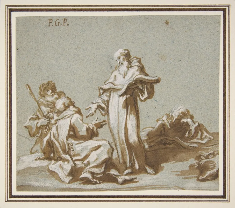 Scene With Four Figures Of Monks Discoursing Wall Art by Paolo Gerolamo Piola - High-Resolution Digital Print