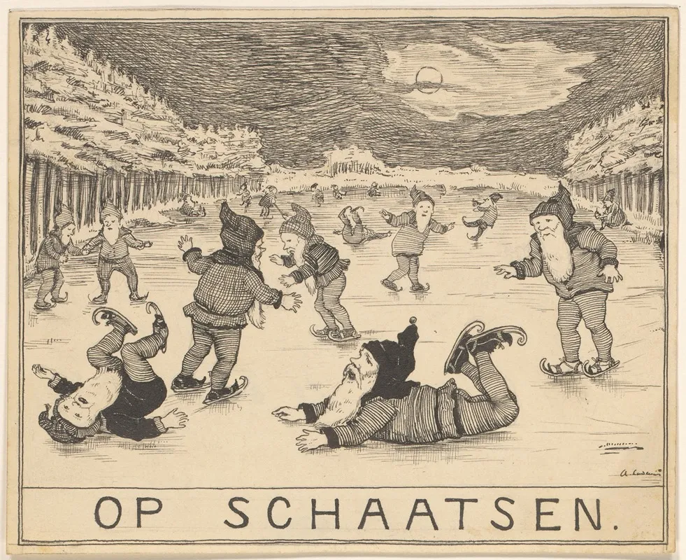 Schaatsende Kabouters Bij Maanlicht