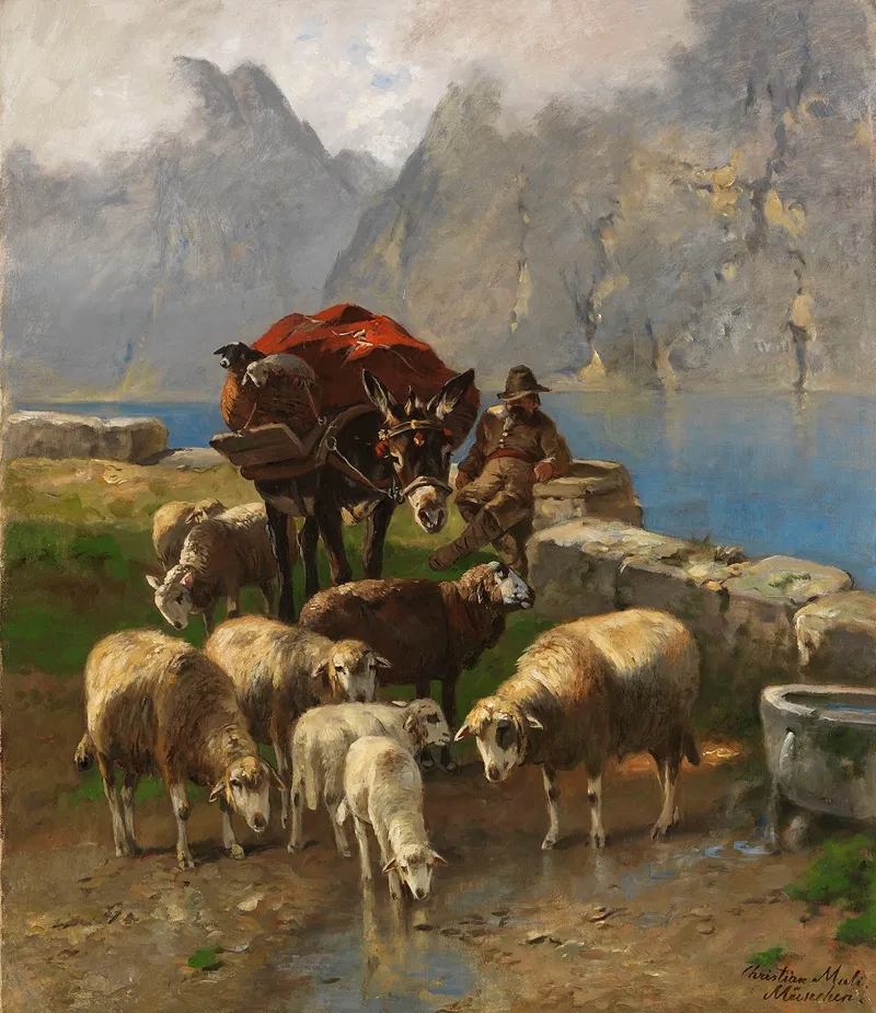 Schafe Und Hirte An Einem Hochgebirgssee Wall Art by Christian Mali   - High-Resolution Digital Print