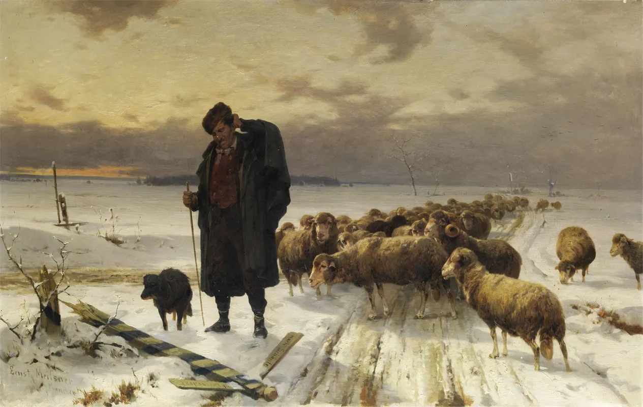 Schafer Mit Herde In Winterlandschaft