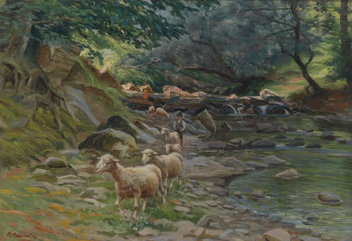 Schafherde Und Kleine Hirten Am Bachufer Wall Art by Ruggero Panerai - High-Resolution Digital Print
