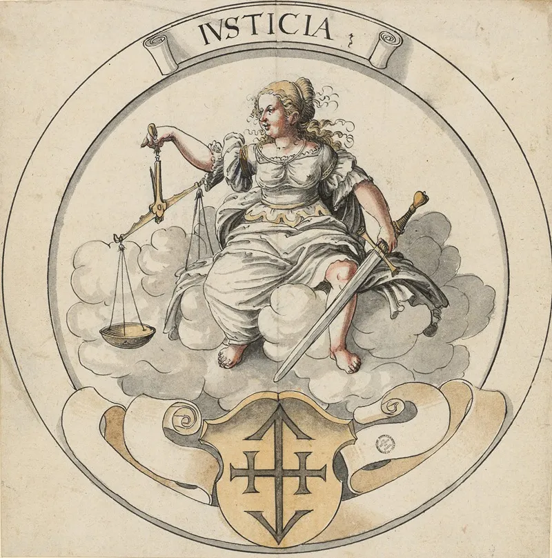 Scheibenriss Im Rund Mit Justitia Unten Nicht Identifiziertes Wappen Wall Art by Abraham Bickhart - High-Resolution Digital Print