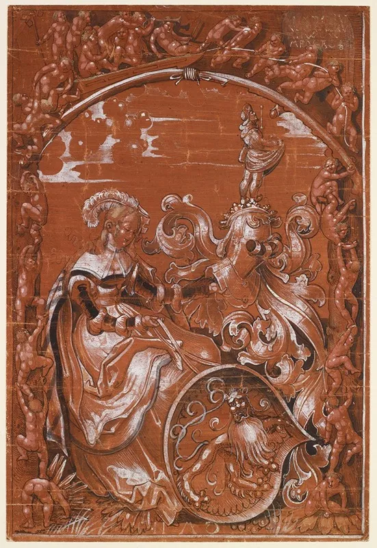 Scheibenriss Mit Sitzender Schildhalterin Und Lowenwappen