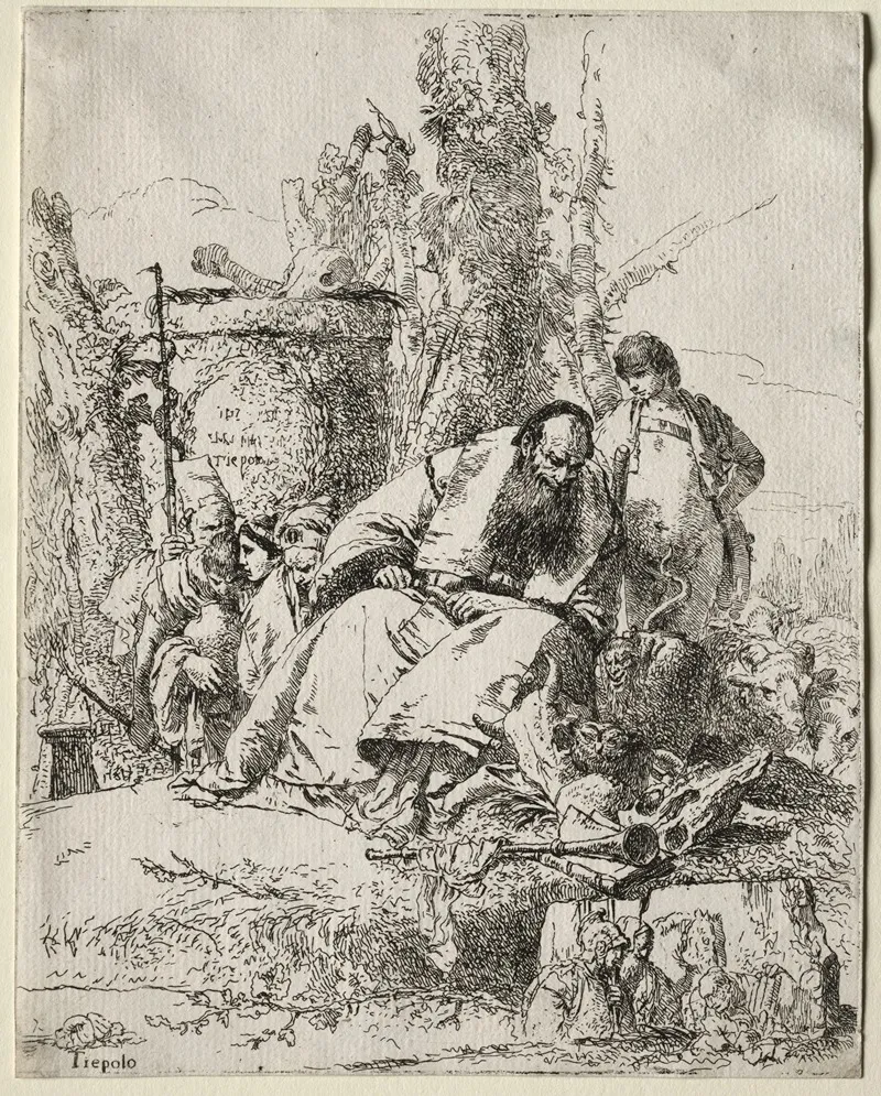 Scherzi Di Fantasia Seated Magician Boy And Four Figures Wall Art by Giovanni Battista Tiepolo - High-Resolution Digital Print