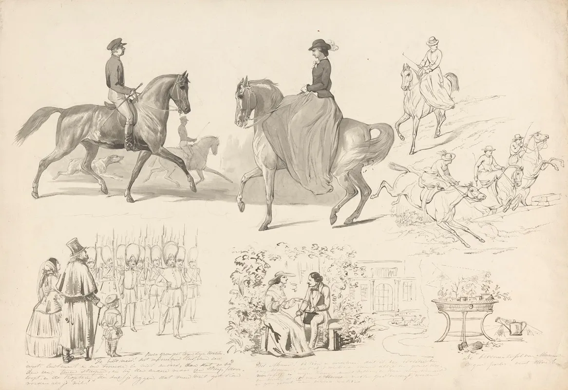 Schetsblad Met Diverse Studies Onder Andere Van Paardensport