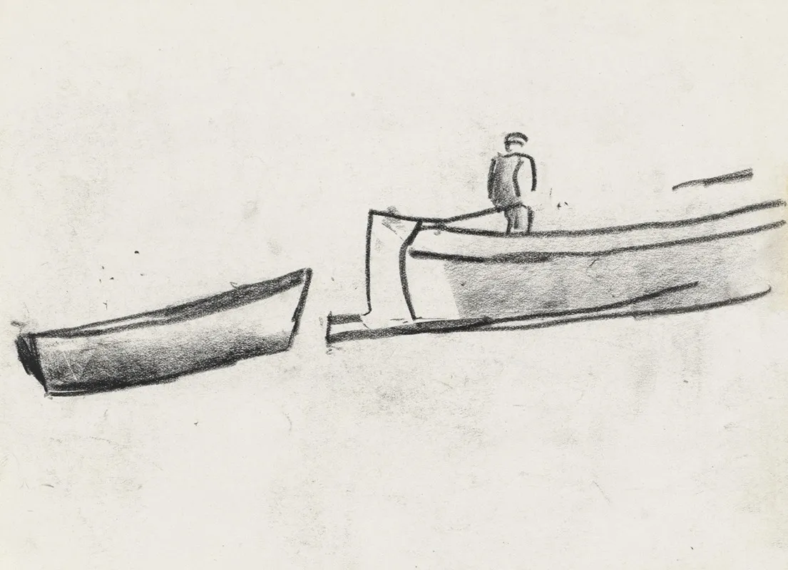 Schetsblad Met Een Schip Met Een Man Aan Boord