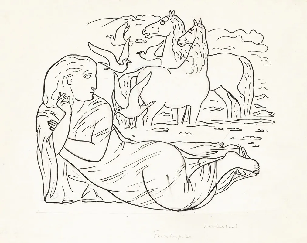 Schetsblad Met Vrouw Liggend Aan Het Strand Met Twee Paarden En Enkele Zeemeeuwen
