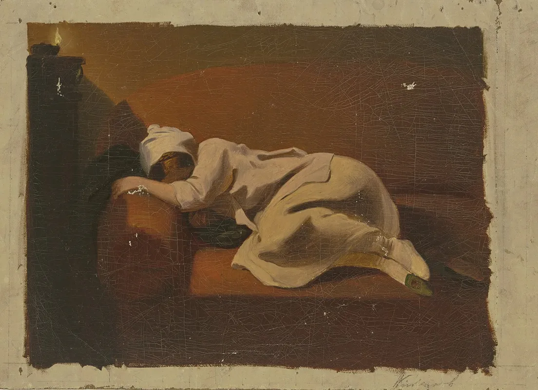 Schlafende Frau Auf Rotem Sofa