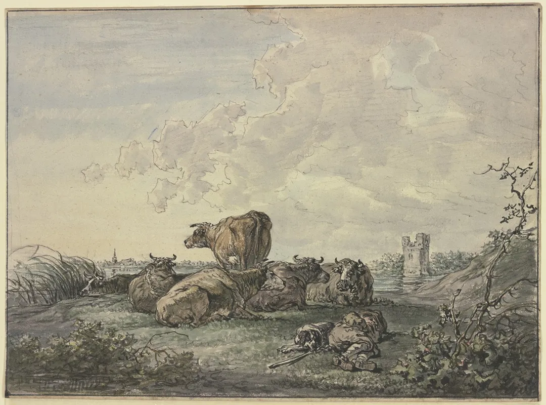 Schlafender Hirte Und Rinderherde In Einer Landschaft