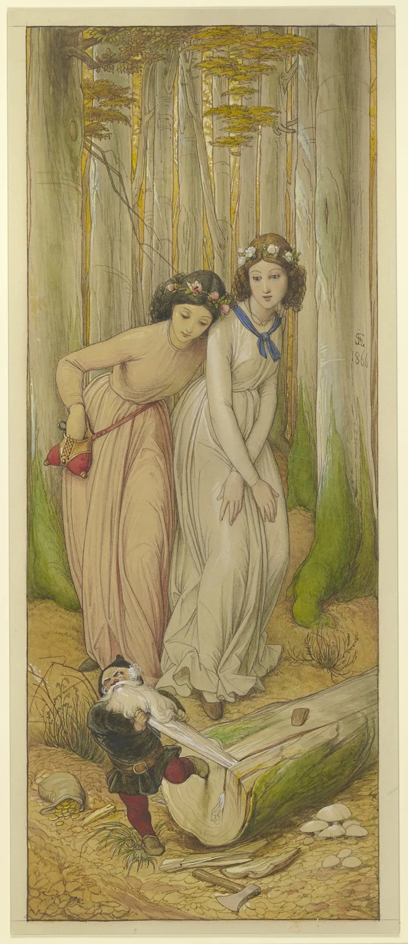 Schneeweischen Und Rosenrot Finden Im Wald Den Zwerg Dessen Bart Sich In Einem Baumstamm Eingeklemmt Hat Wall Art by Eduard von Steinle - High-Resolution Digital Print