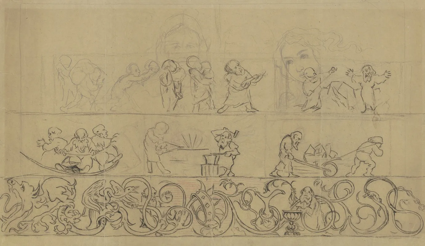 Schneewittchen Und Die Sieben Zwerge Sowie Eine Nachzeichnung Der Venus Botticellis Wall Art by Hans Thoma - High-Resolution Digital Print