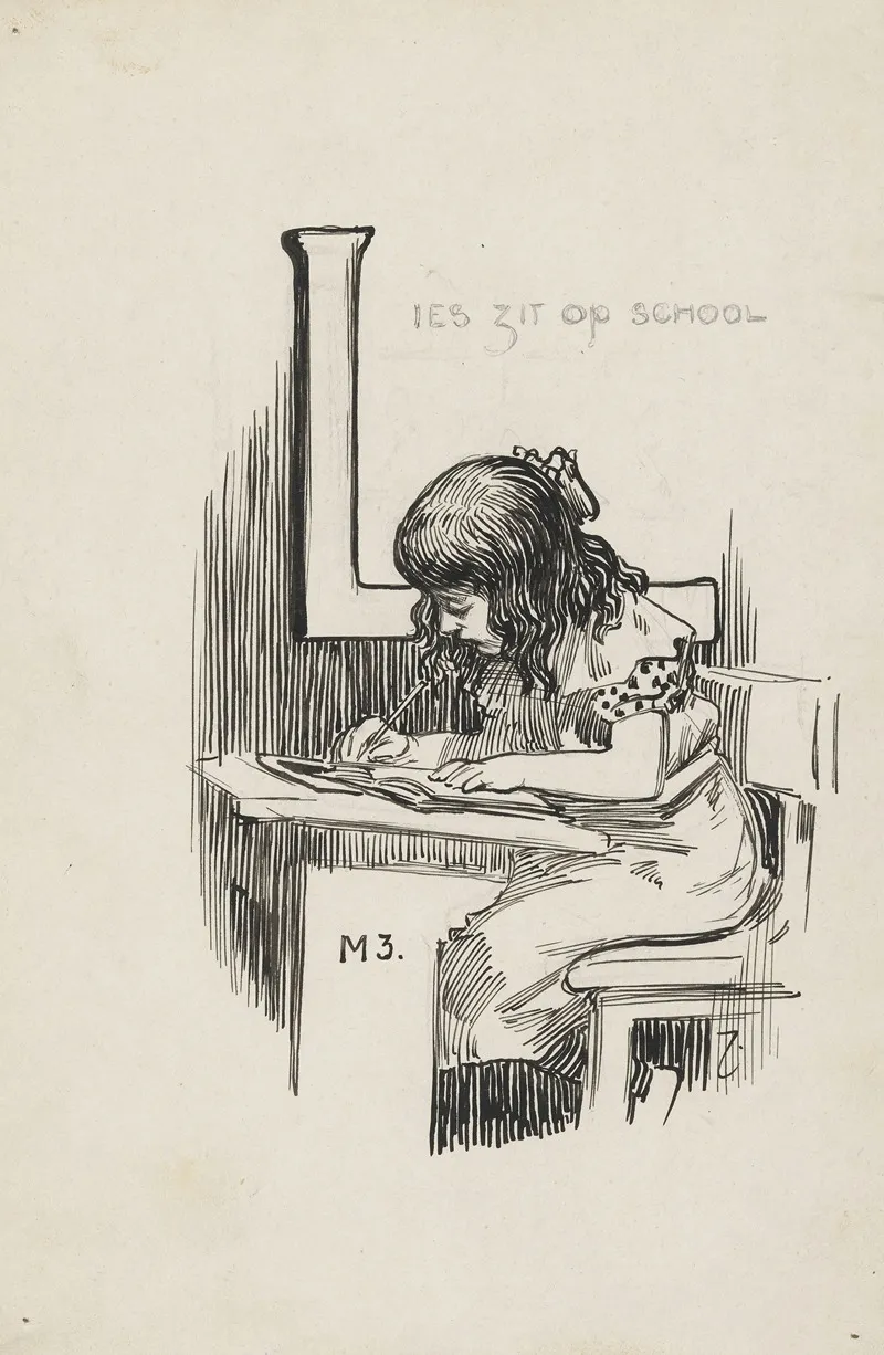 Schrijvend Meisje In Een Schoolbank