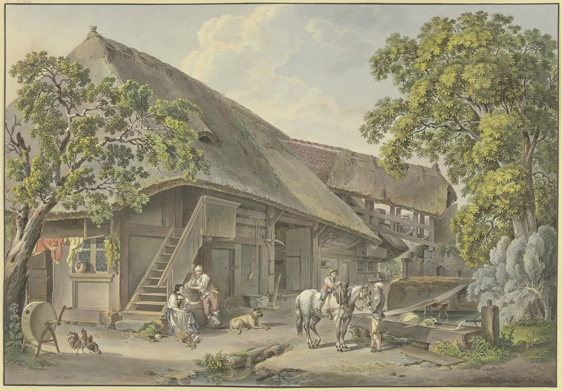 Schweizerhaus Am Brunnen Bauer Mit Einem Schimmel Auf Dem Ein Knabe Reitet Wall Art by Sigmund Freudenberger - High-Resolution Digital Print