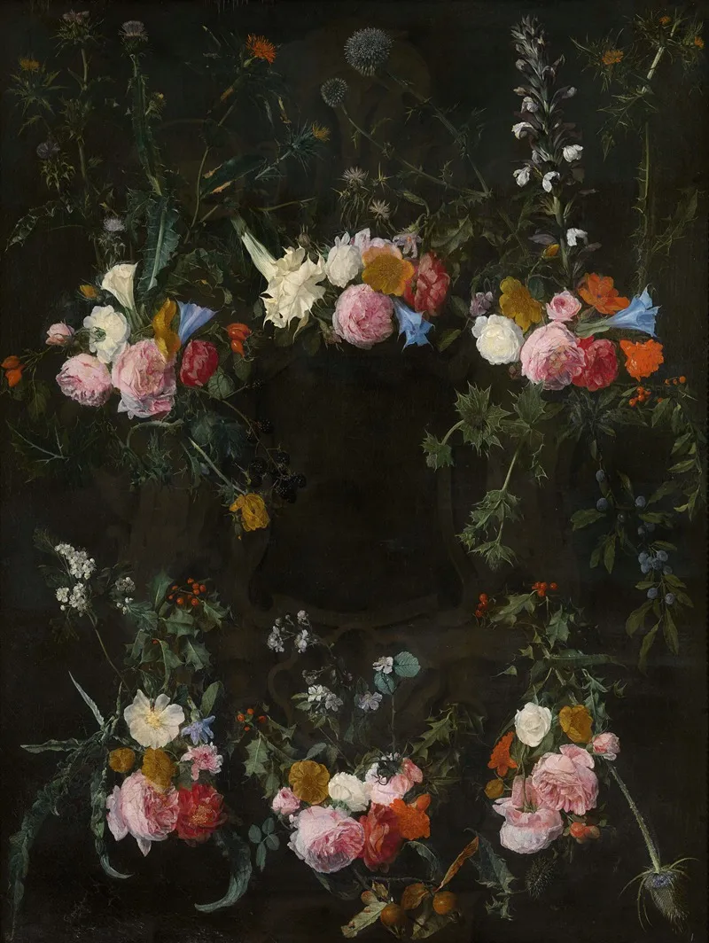 Sculpted Cartouche Adorned With Flower Garlands Wall Art by Daniel Seghers - High-Resolution Digital Print
