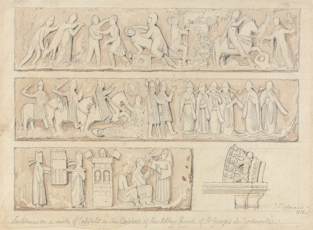 Sculpture On A Suite Of Capitals In The Cloisters Of The Abbey Church Of Saint Georges De Bocherville Near Rouen Normandy Wall Art by John Sell Cotman - High-Resolution Digital Print