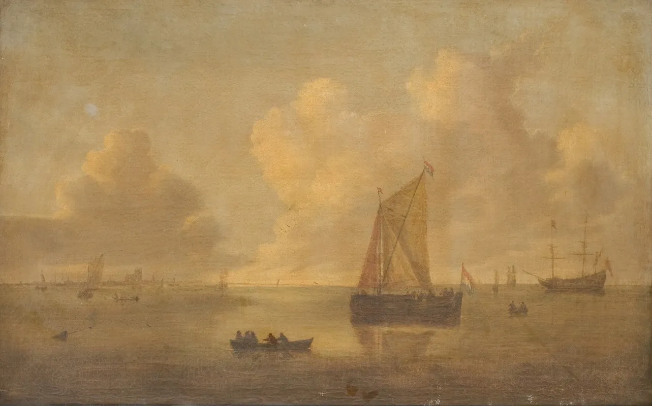 Seascape With A Town In The Background Wall Art by Willem van Diest - High-Resolution Digital Print