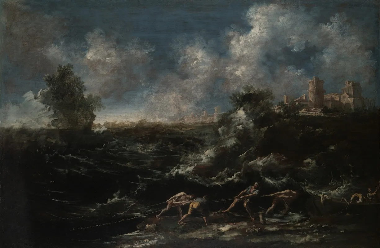 Seascape With Fisherman Pulling Out Nets Wall Art by Antonio Francesco Peruzzini - High-Resolution Digital Print