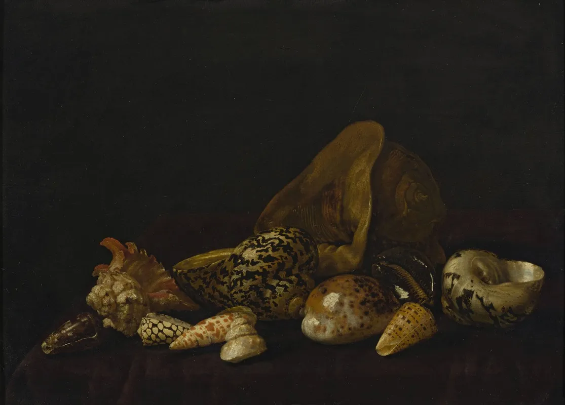 Seashells In A Purple Tapestry Wall Art by Abraham Van Calraet - High-Resolution Digital Print